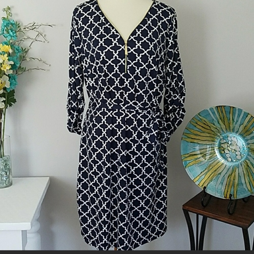TACERA Navy and White Geometric Midi Dress  Size 1X